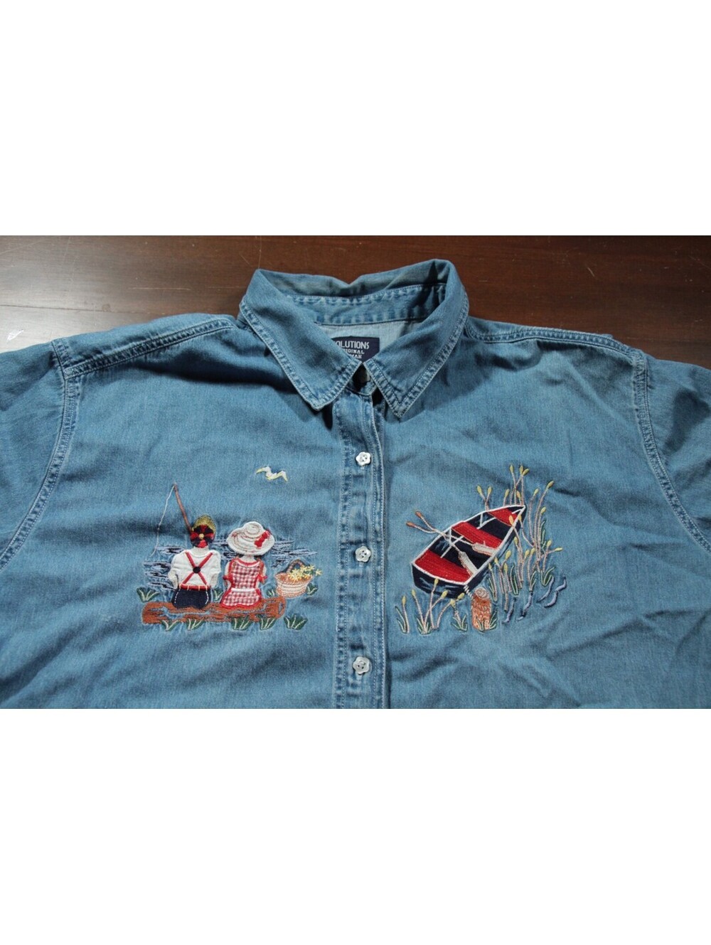 Vintage 90s Women's Solutions Denim Button Down Shirt Top 2X Fishing Beach Boat